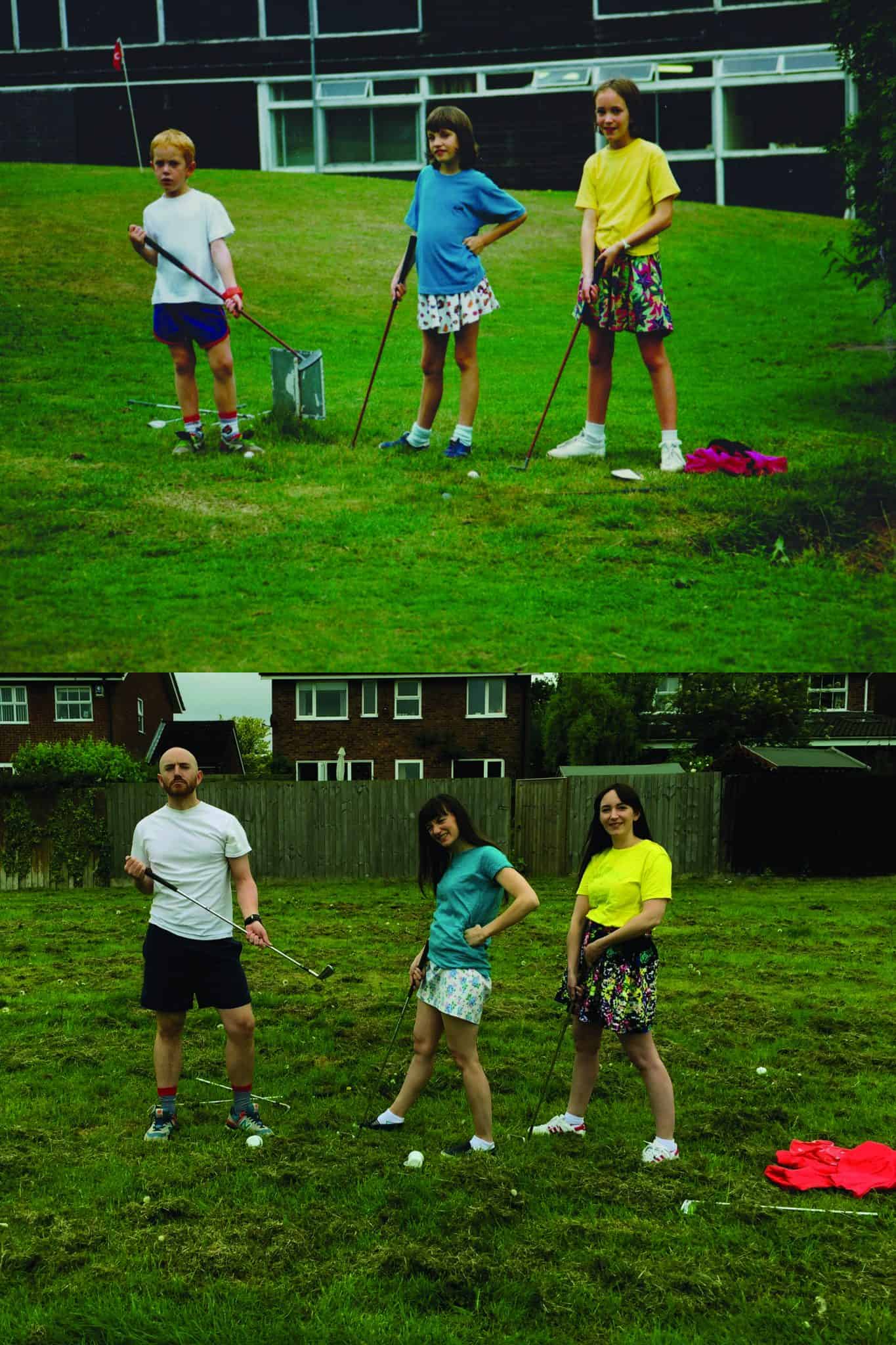 Recreated photo of the Fielding kids playing golf