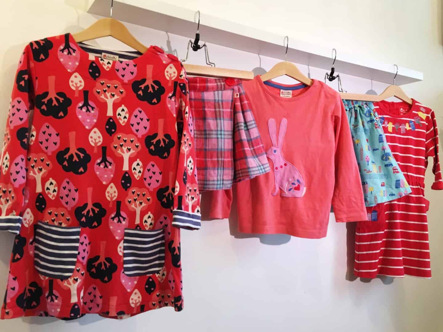 Piccalilly organic kids clothes including dresses, skirts and an appliqué t-shirt