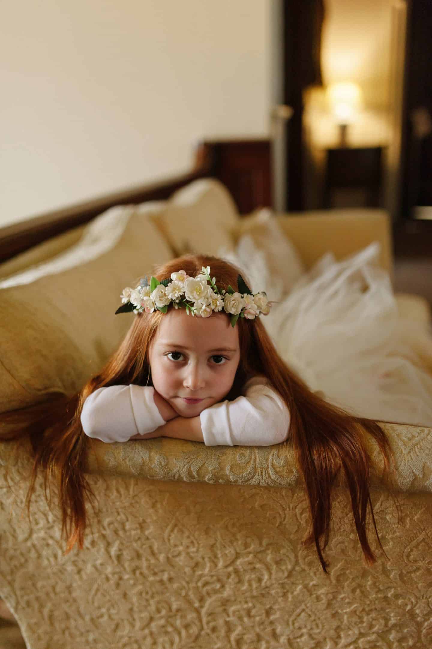 Ava wearing Mimosa Bridal Bridesmaids Floral Halo Flower Crown Ivory