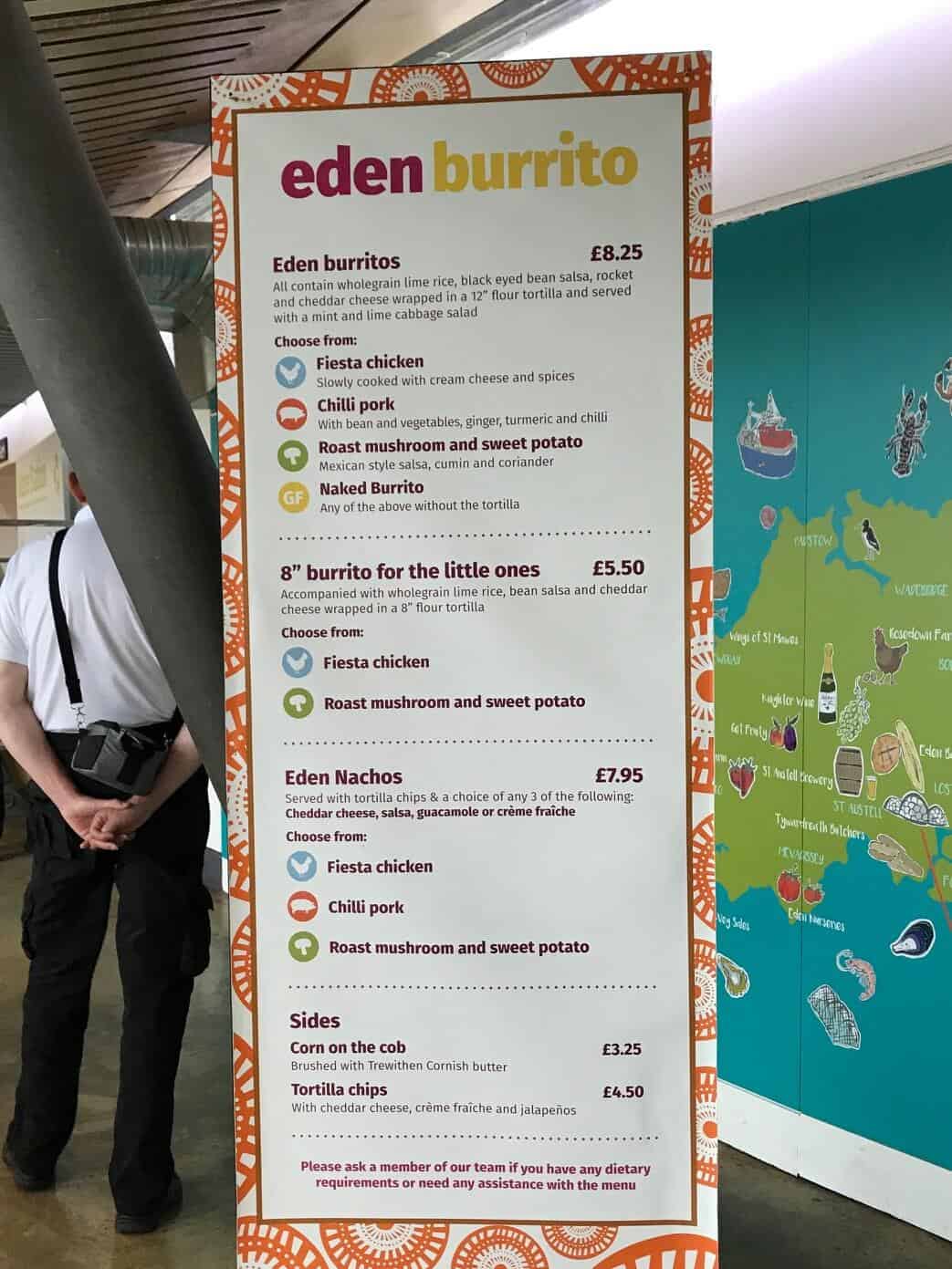 Burrito menu at the Eden Project