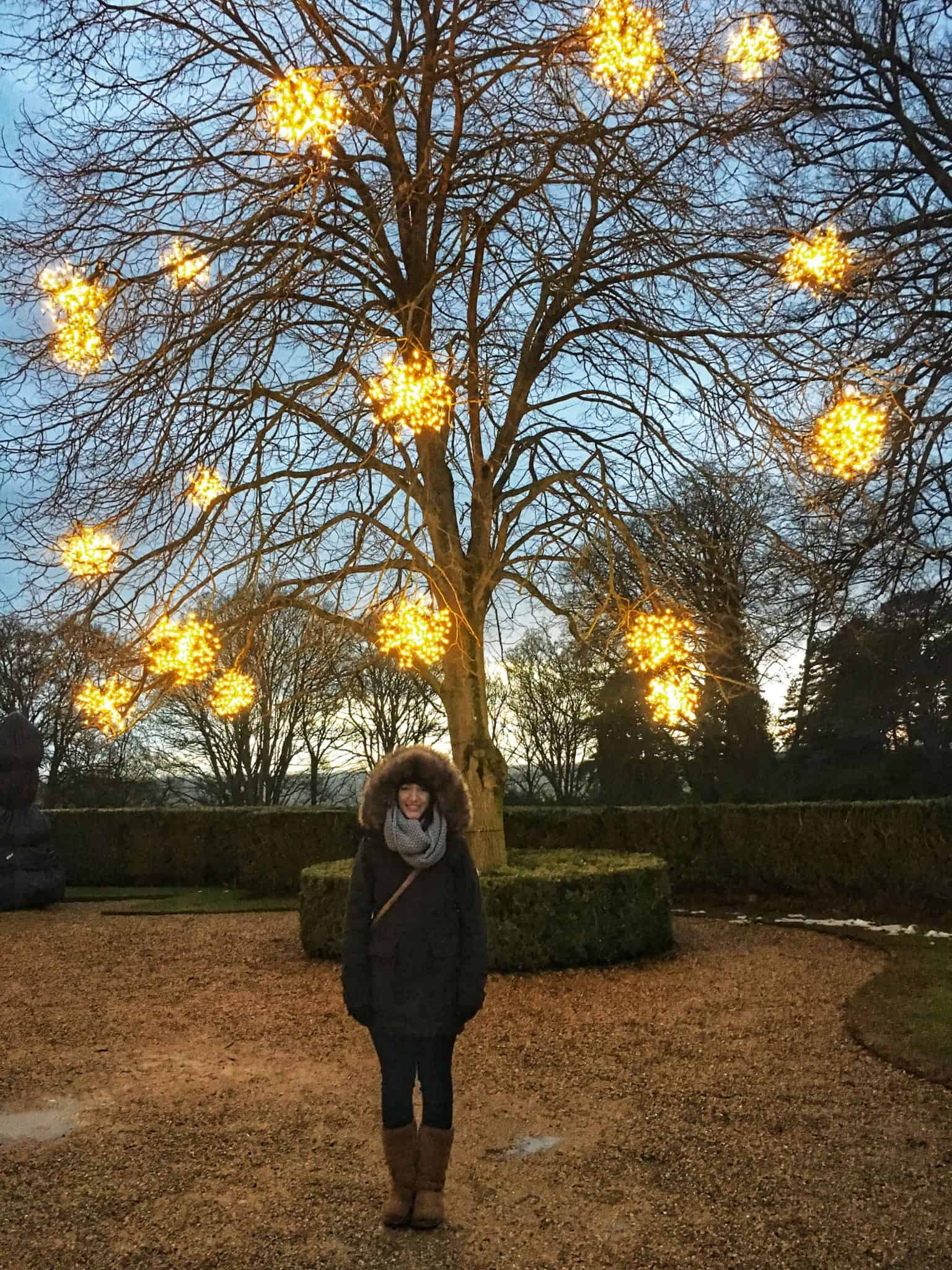 Standing outside Waddesdon Manor at Christmas
