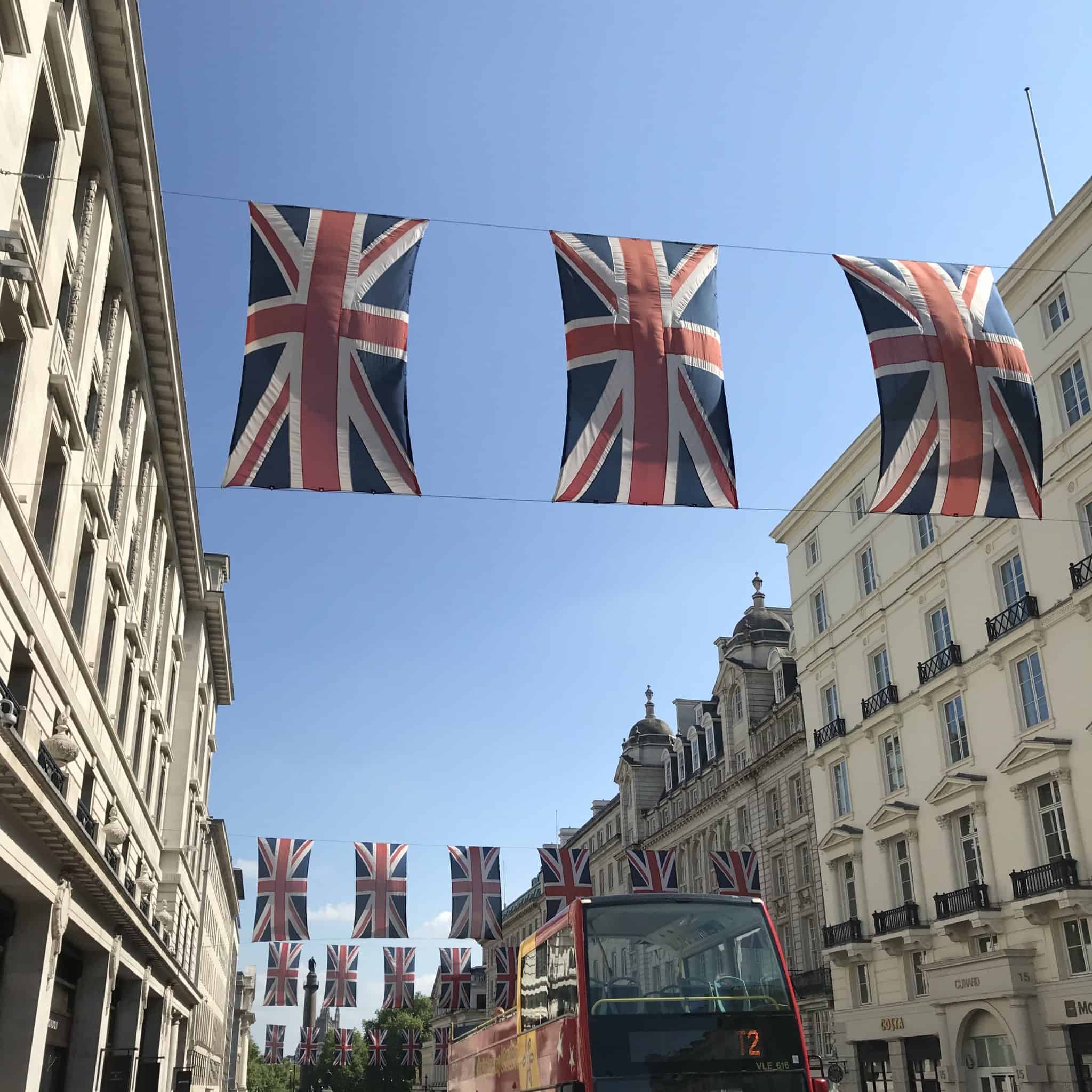London street with Union Jack flags