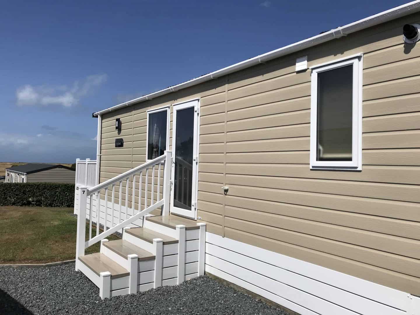 The exterior of our static caravan at Trevornick