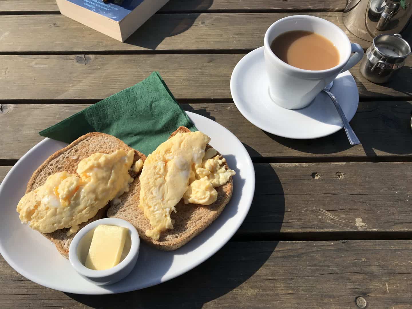 Delicious scrambled eggs and tea
