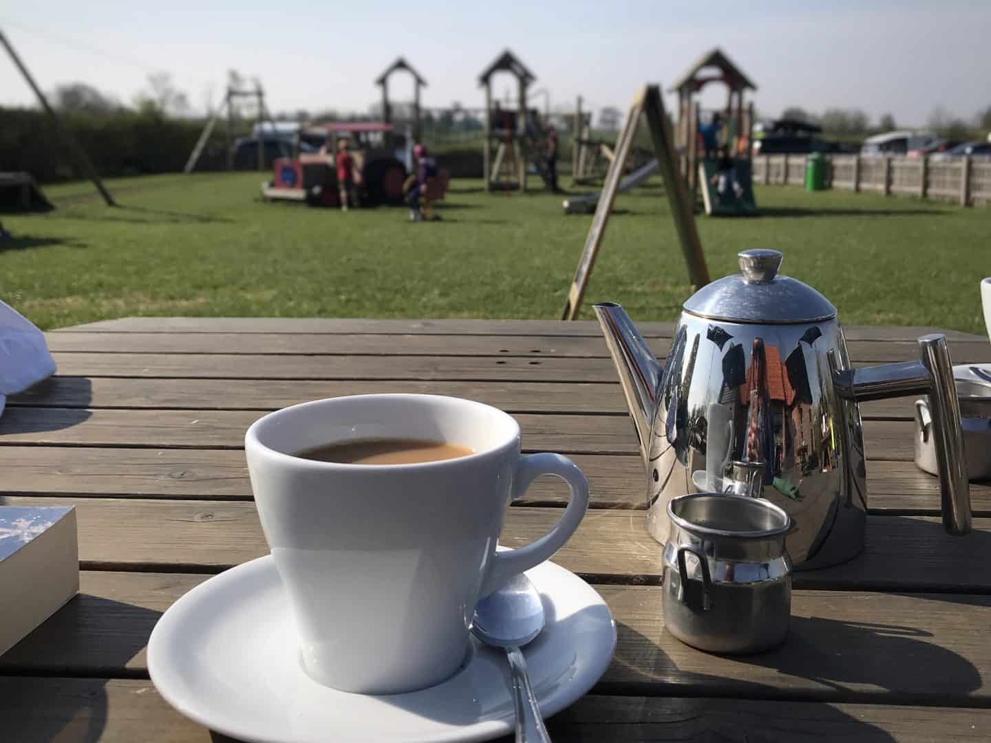 Enjoying some proper loose-leaf tea overlooking Haw Wood Farm's play area