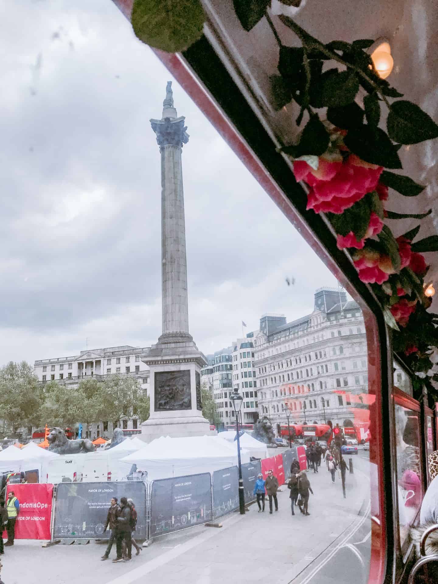 Nelson's Column in Trafalga Square viewed from Brigit's Afternoon Tea Bus Tour