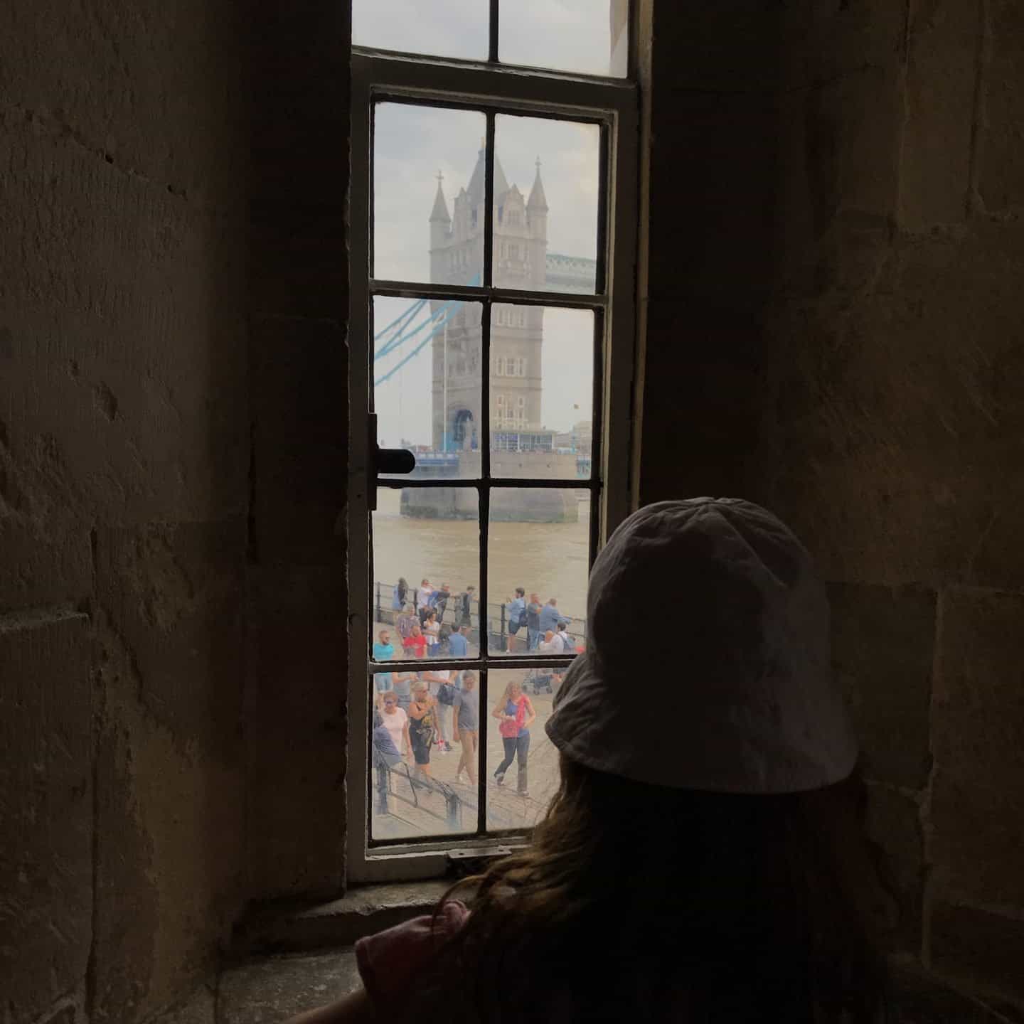 Looking through a window at the Tower of London at Tower Bridge