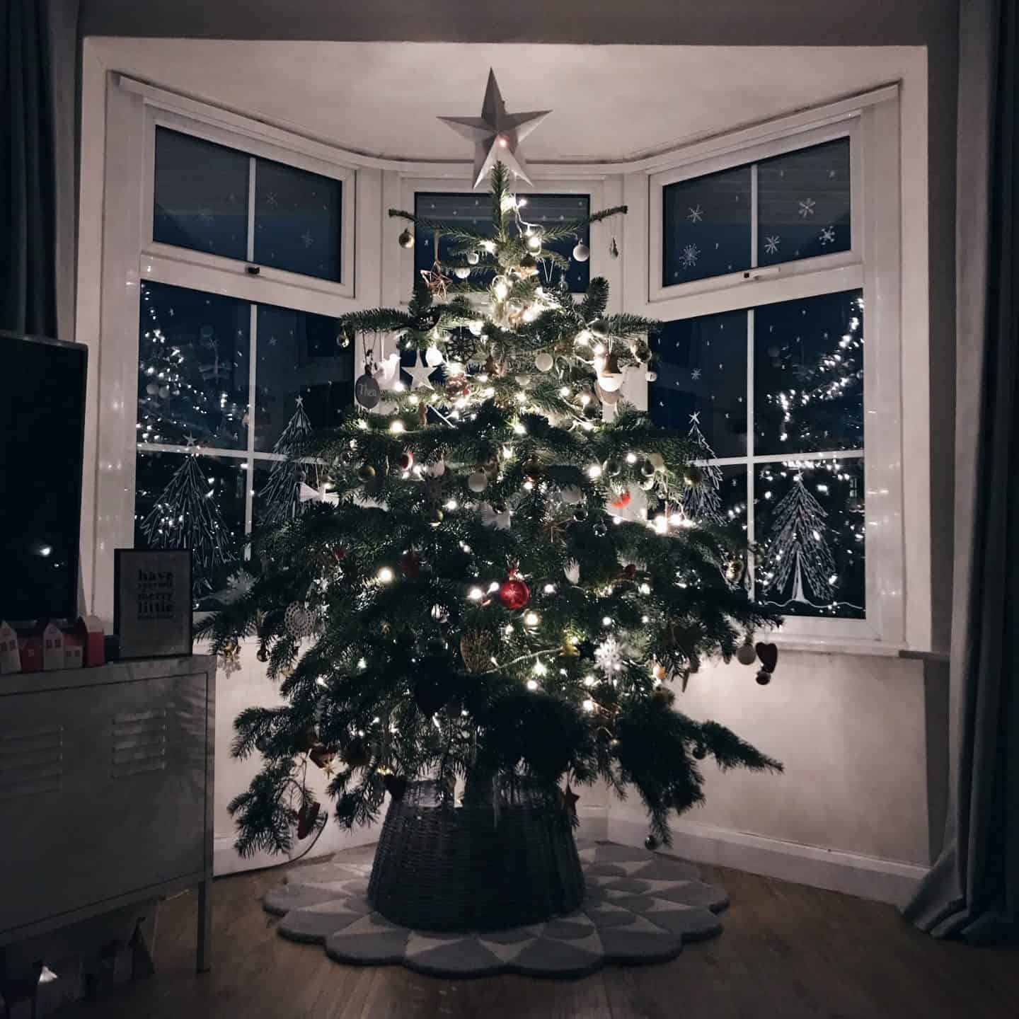 Lit up Christmas Tree in front of a bay window