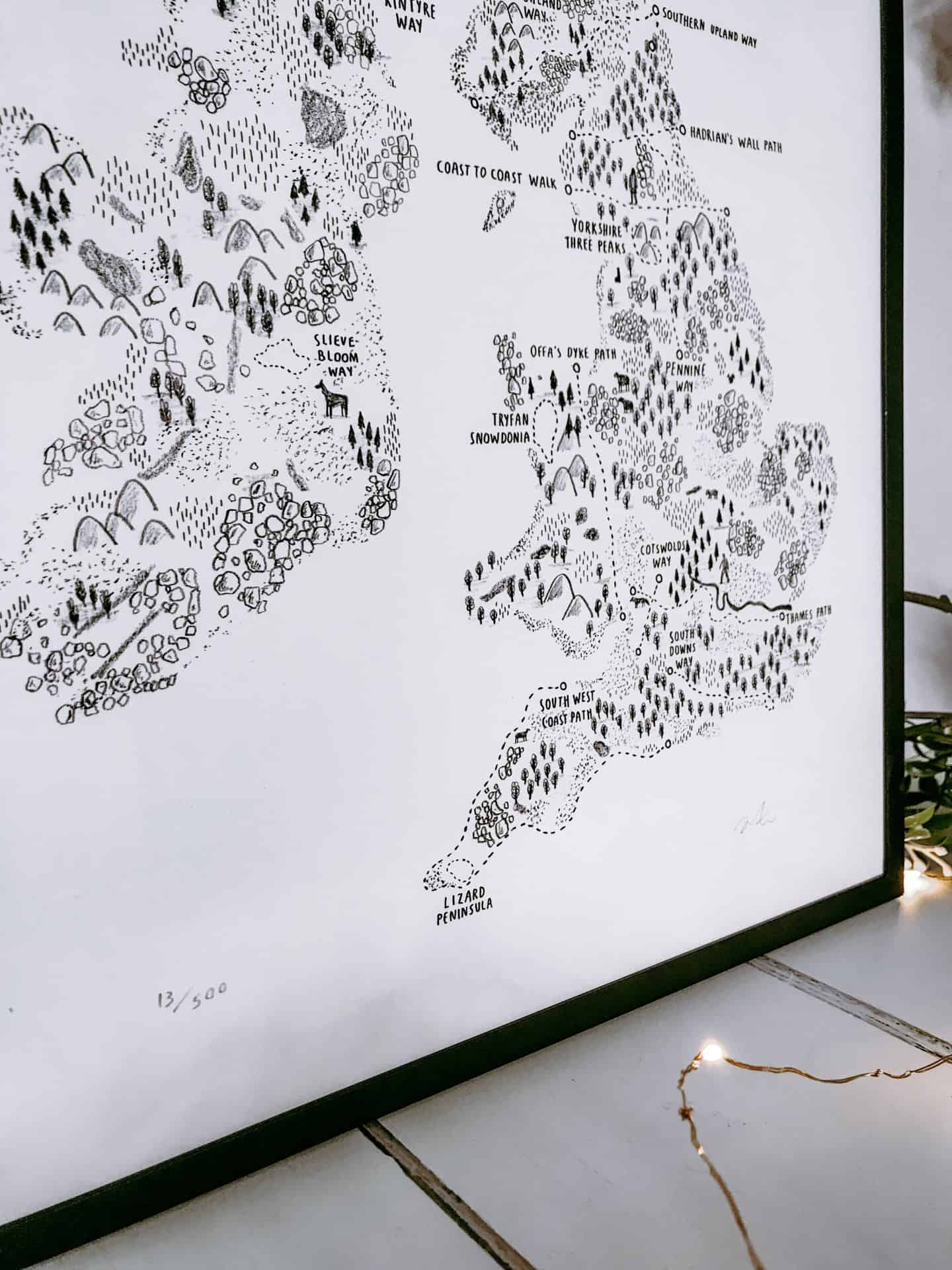 Close up of Walk the UK and Ireland walking map print by Alex Foster