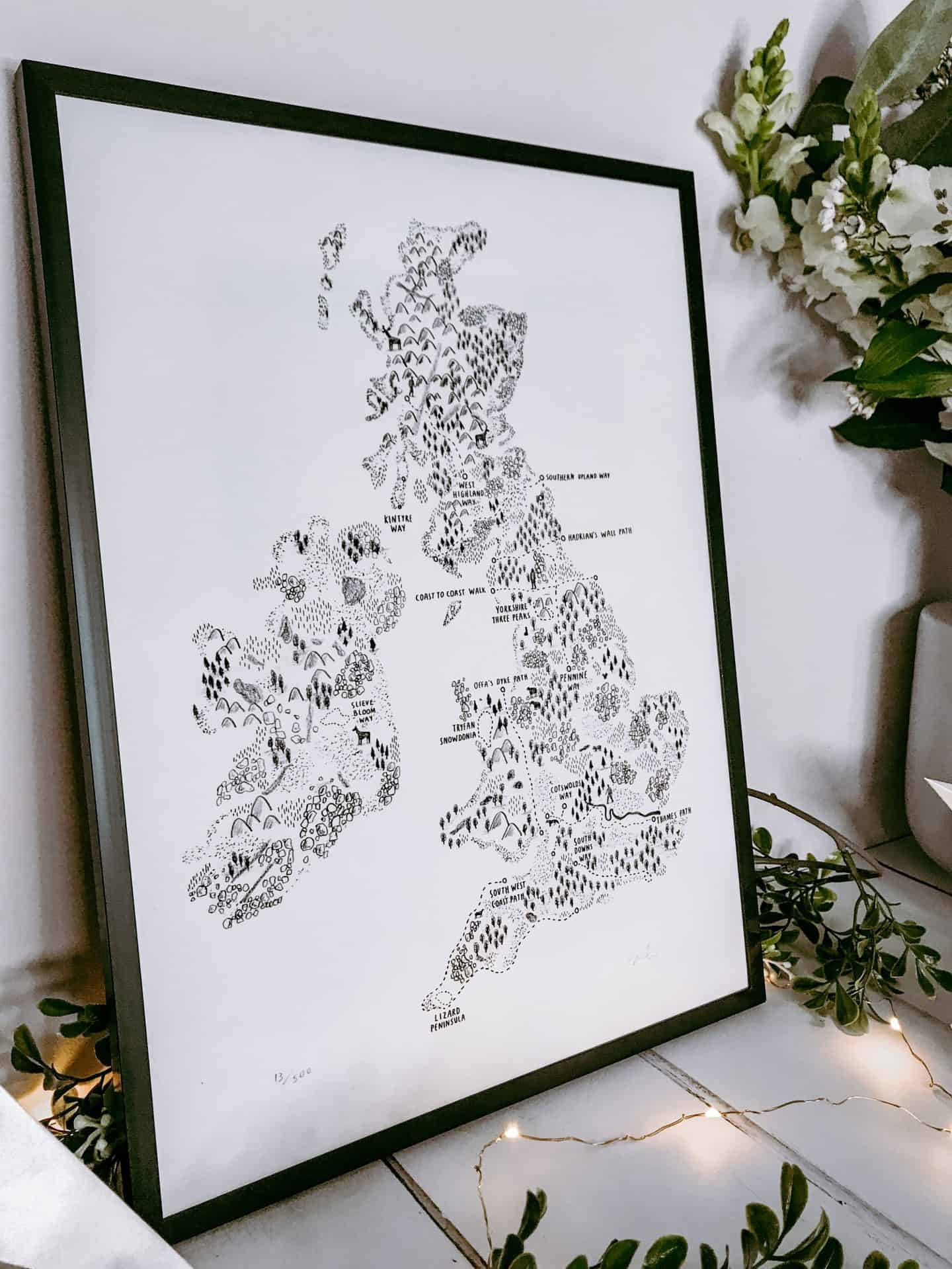 Monochrome Walk the UK and Ireland walking map print by Alex Foster