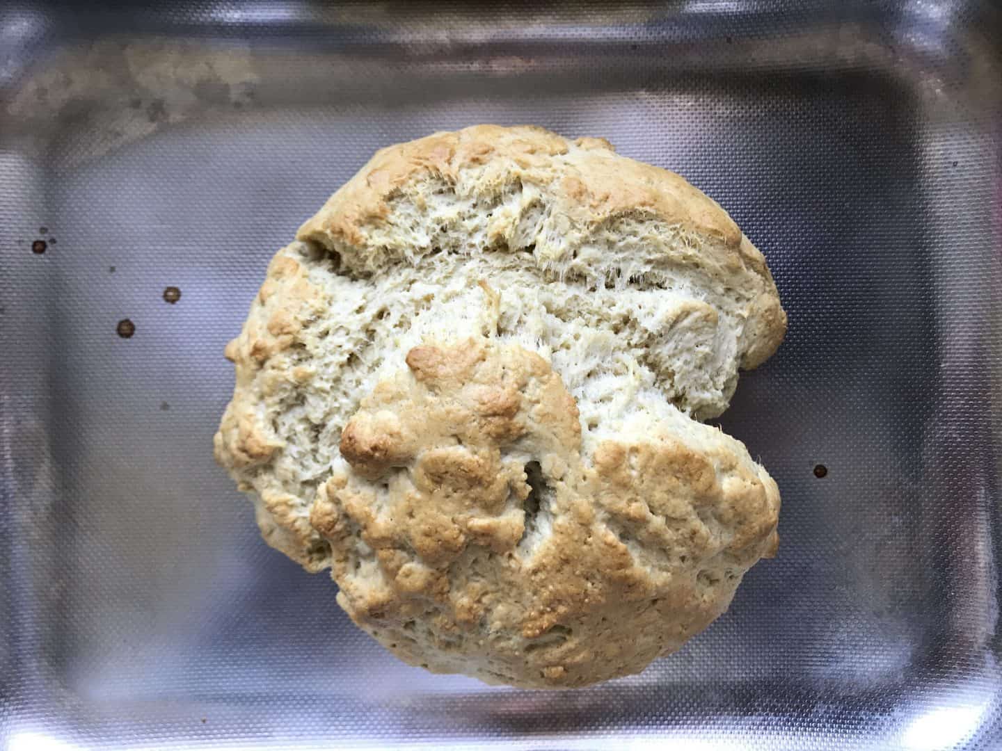 Freshly baked easy no knead no yeast bread on a baking sheet