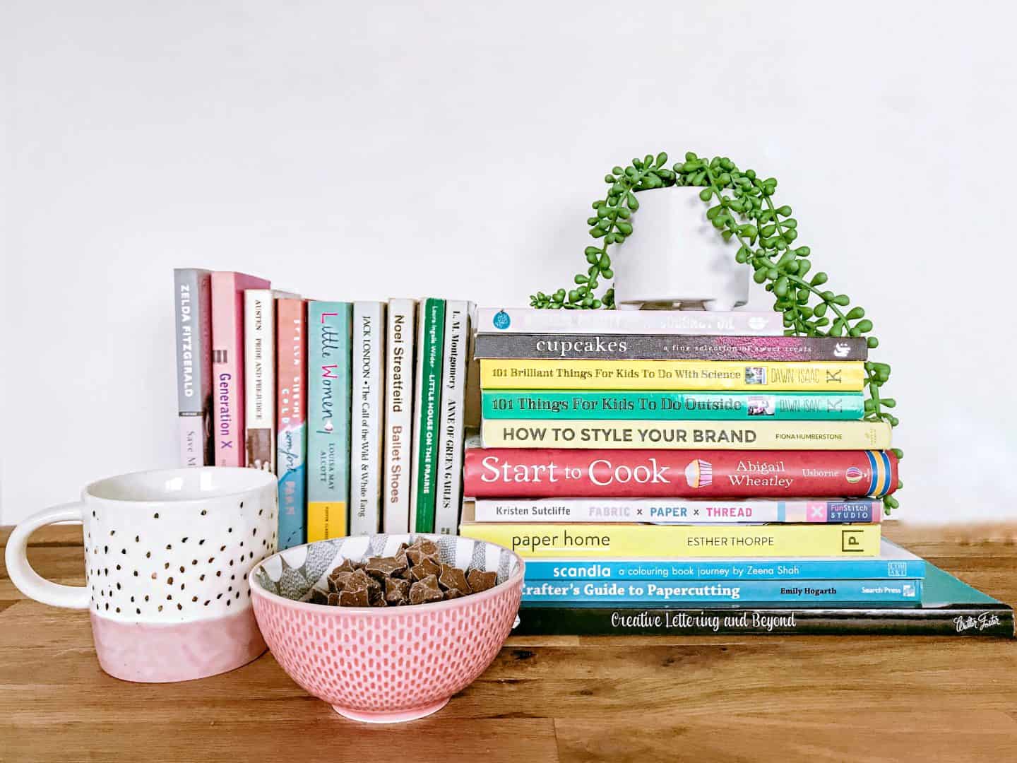 A pile of books, tea and chocolate