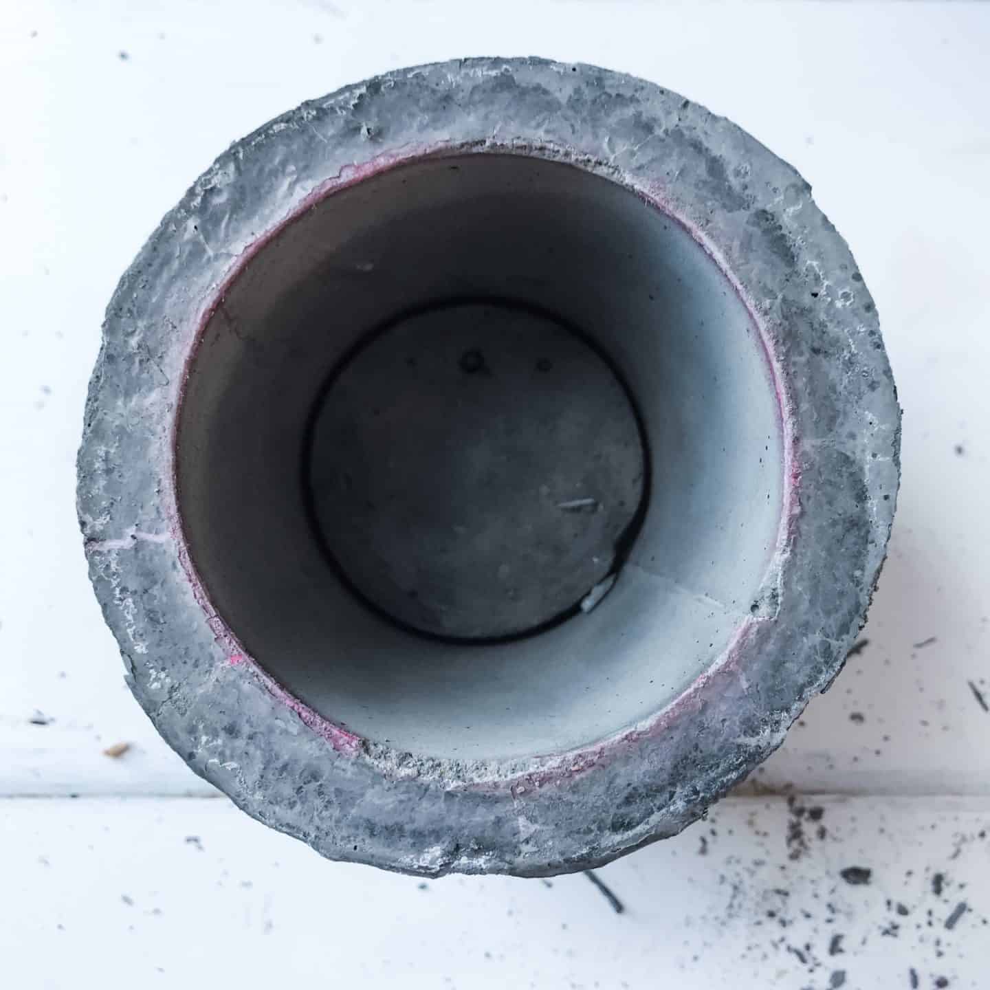 Looking down on a hand made concrete pot