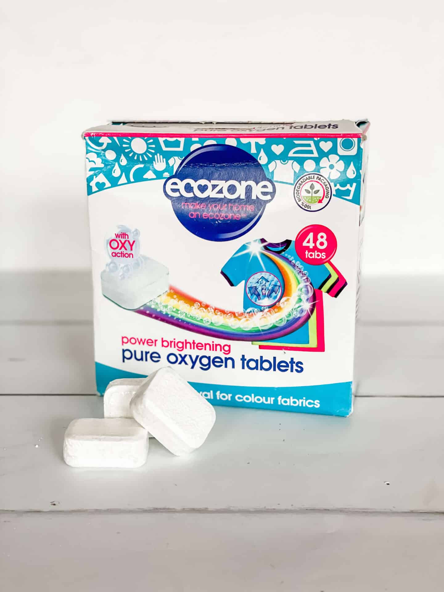 A cardboard box of EcoZone Pure Oxygen Tablets give non-toxic stain removal power