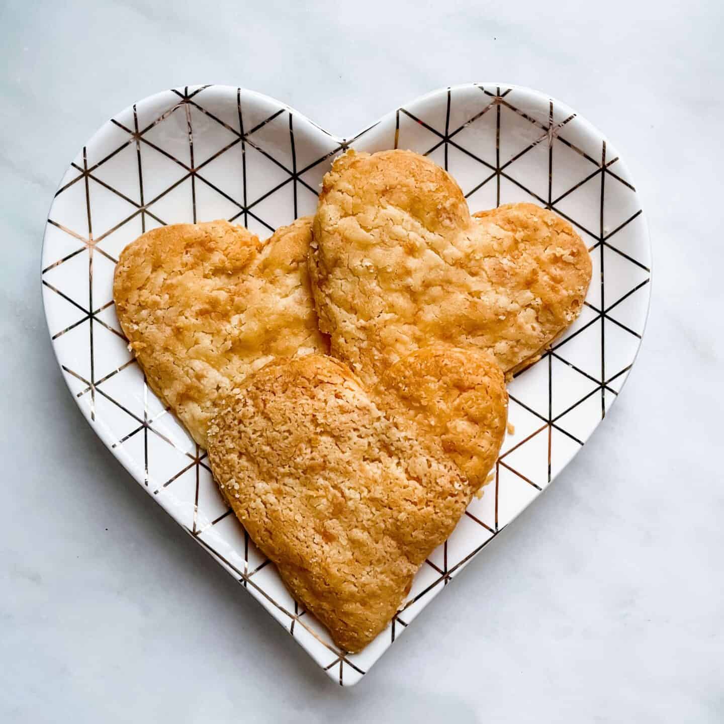 A heart -shaped plate of heart shaped easy cheese biscuits