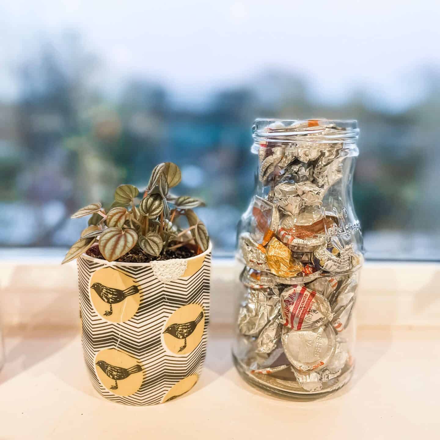 A plant in an old mug next to a repurposed pasta sauce jar full of aluminium foil to recycle