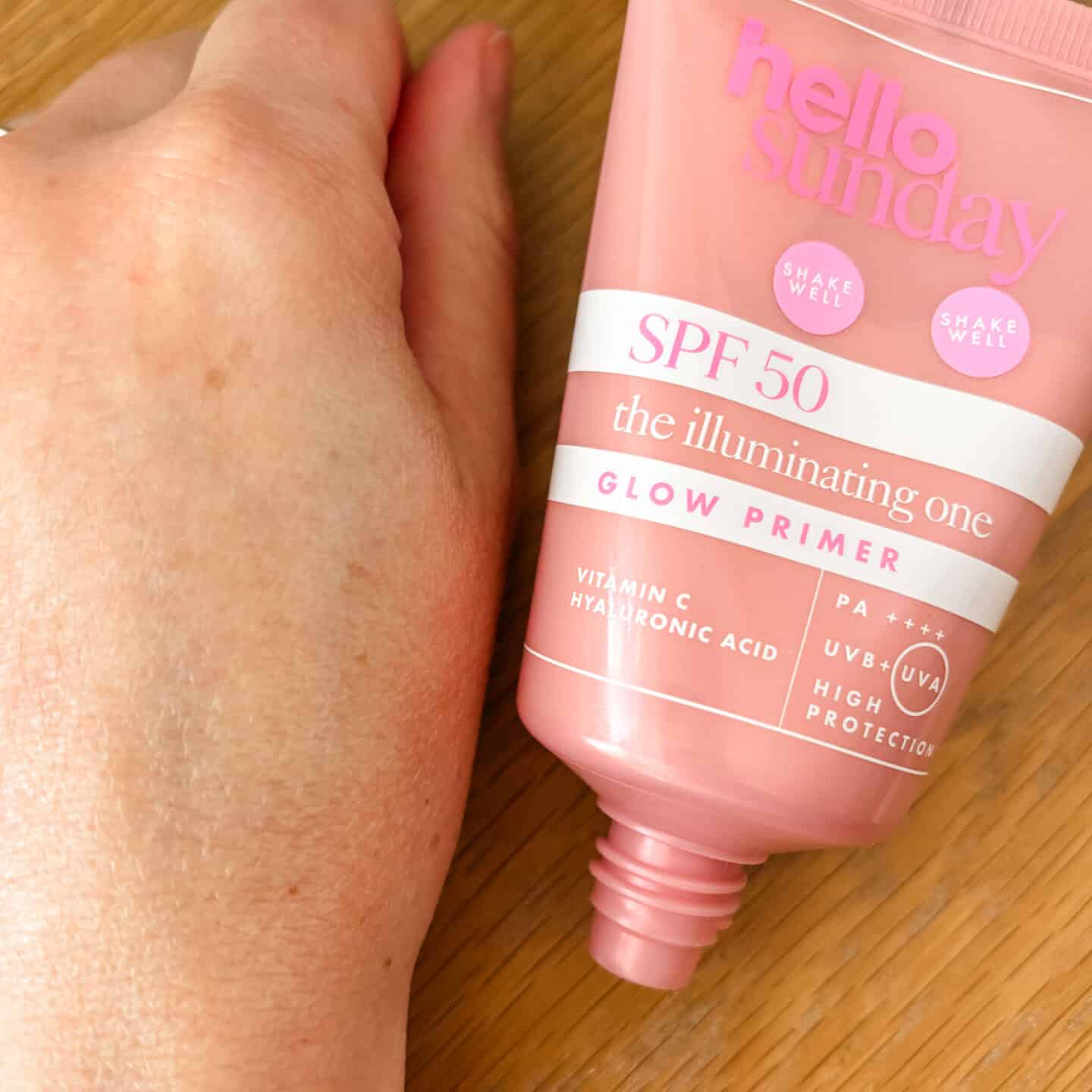 Hello Sunday The Illuminating One Glow Primer swatch on hand blended in