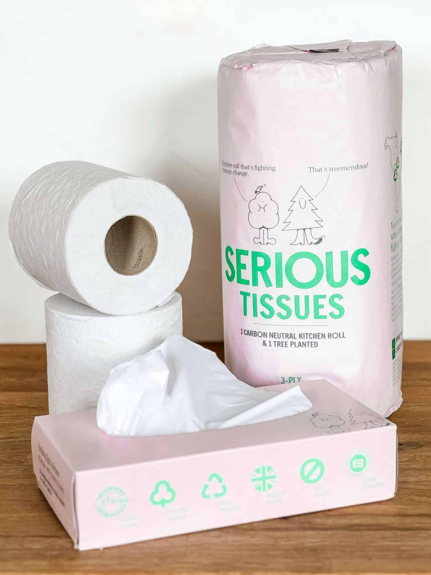 Serious Tissues recycled paper toilet rols, kitchen roll and tissues don't have any single-use plastics