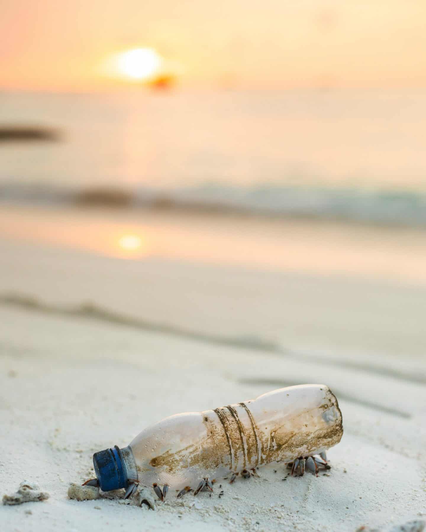 A photo of a beach with a single-use plastic bottle on the sand, by Ishan@seafromthesky