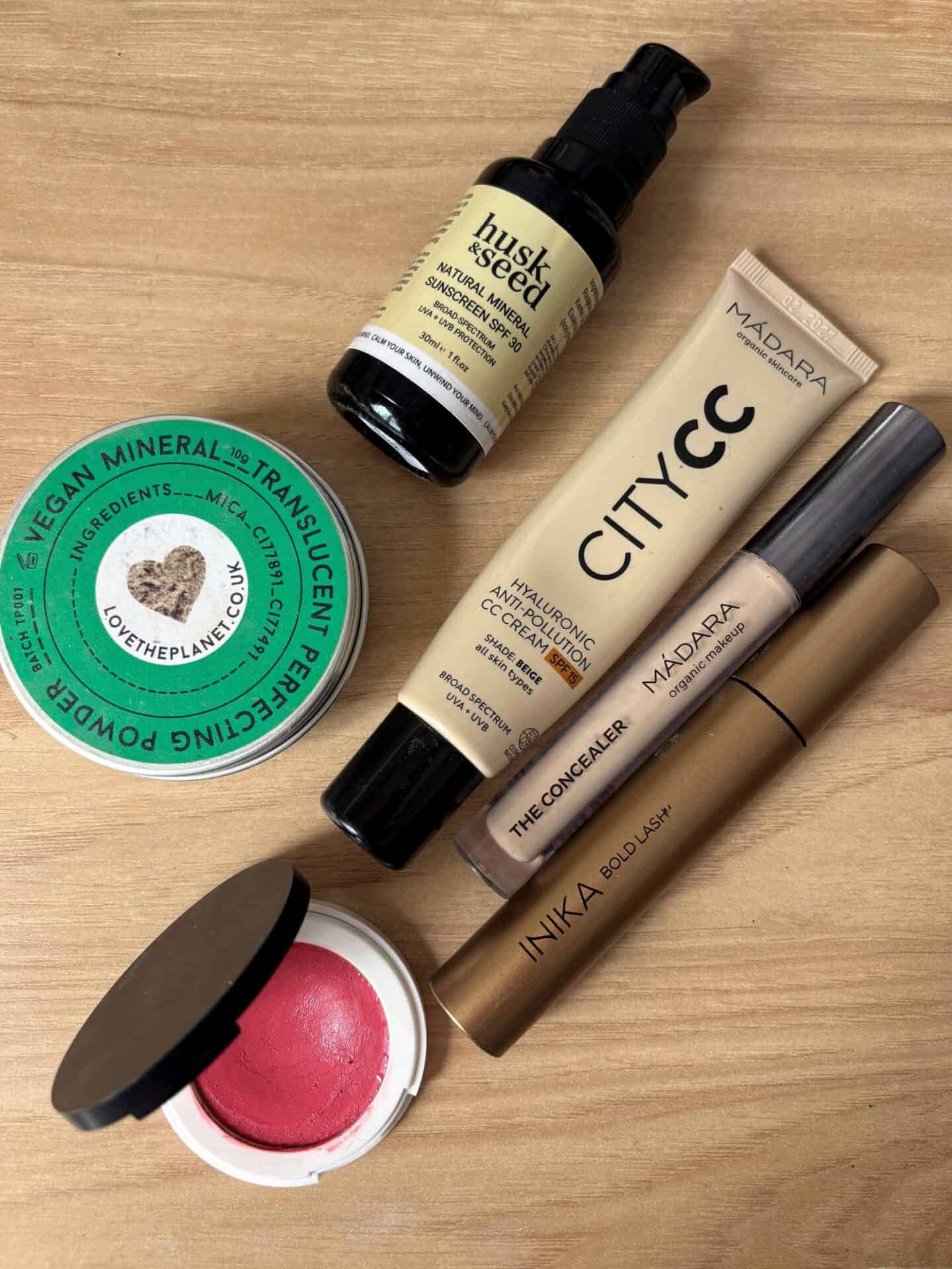 Husk & Seed Natural Mineral Sunscreen SPF30, Madara CC Cream and Concealer, Inika Bold Lash Mascara, Lily Lolo Blush and Love The Planet Vegan Mineral Translucent Perfecting Powder