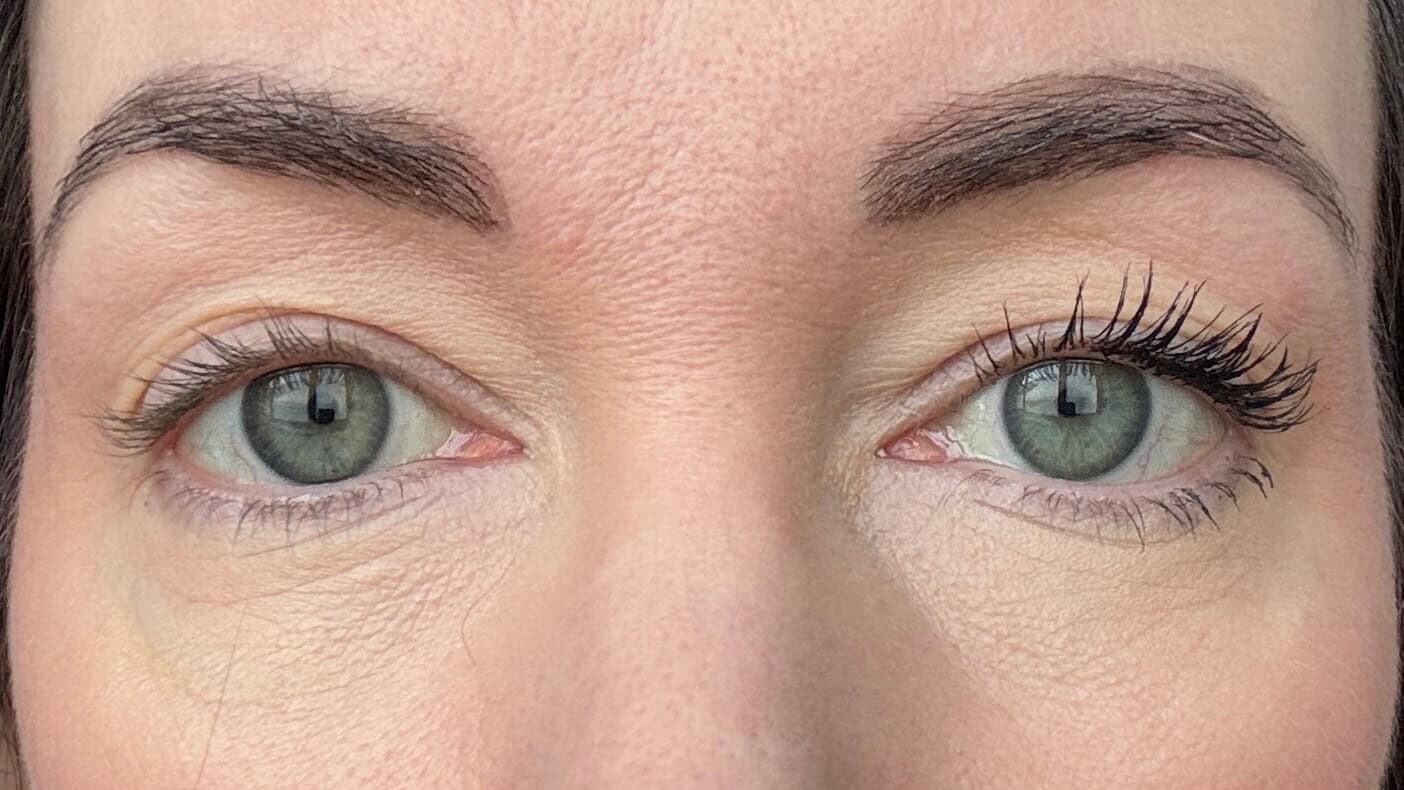 Close-up of a woman's eyes: one eye with bare lashes and one with one coat of Eco by Sonya Driver Mitzi Mascara